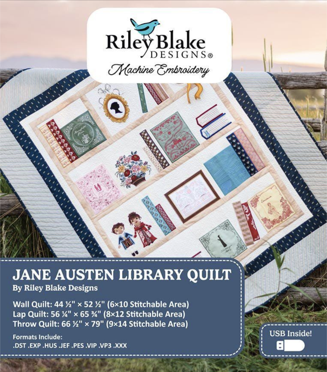 Jane Austen Machine Embroidery Bookshelf Quilt